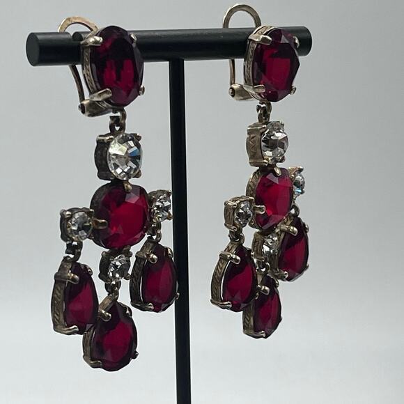 Beautiful Vintage Signed Red Clear Rhinestone Chandelier Clip On Earrings - Picture 2 of 16